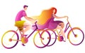 A girl and a young man ride bicycles.