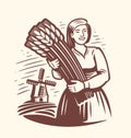 Girl or young woman farmer, wheat field, mill emblem. Agriculture, windmill logo. Healthy organic natural farm food