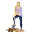 A girl or young woman gardener digs a shovel ground.