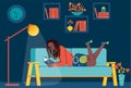 Girl or young woman relaxing and reading book at home, flat vector illustration. Royalty Free Stock Photo