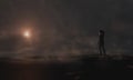 Girl, young woman walking in dark foggy landscape. Film look background, 3D illustration