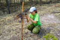 Girl zoologist sets a camera trap for observing wild animals in the taiga forest to collect scientific data. Environmental Royalty Free Stock Photo