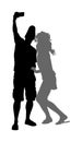 Girlfriend and boyfriend couple in love  taking selfie picture vector silhouette isolated on white. Hand hold mobile phone. Woman Royalty Free Stock Photo