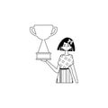 The girlfriend is holding a cup . subject of victory . black and white linear style. Trendy style, Vector Illustration