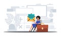 The girlfriend sits in a electric professorship and holds an envelope . hour concept. Trendy style, Vector Illustration