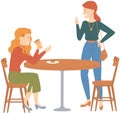 Girlfriend sitting in cafe drink tea or coffee. Women spend time and talking in cafeteria together Royalty Free Stock Photo