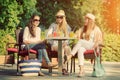Girlfriends enjoying cocktails in an outdoor cafe, friendship concept Royalty Free Stock Photo