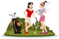 Girlfriends girls play golf. Illustration for internet and mobile website