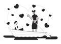 Girlfriends in love rowing boat on lake black and white 2D illustration concept