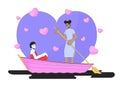 Girlfriends in love rowing boat on lake 2D linear illustration concept