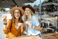 Girlfriends making selfie photo outdoors Royalty Free Stock Photo