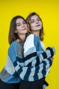 girlfriends posing together in modern knitted sweaters isolated on yellow wall studio portrait Royalty Free Stock Photo