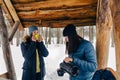 Girlfriends relaxing weekend winter Girlfriends drink coffee for Royalty Free Stock Photo