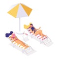 Girlfriends resting, relaxing on lounge chairs. Alcoholic drink, enjoying sunlight on seashore, beach isometric vector Royalty Free Stock Photo