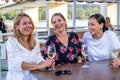 Girlfriends sit at a table with a wine glass, talking and laughing. Royalty Free Stock Photo