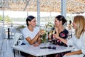 Girlfriends sit at a table with a wine glass toasting. Royalty Free Stock Photo