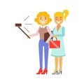 Girlfriends Standing Taking Selfie With Selfie Stick And Smartphone, Person Being Online All The Time Obsessed With