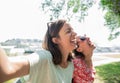 Girlfriends taking selfie together having fun outdoors concept of modern women friendship lifestyle female best friends happy