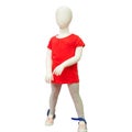 Girlish abstract mannequin in red t-shirt and gray leggings on isolated background