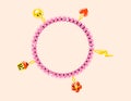 Girlish cute handmade bracelet with pendants or keychains. Vector cartoon isolated baby beaded flat chain, 90s fashion.