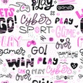 Girlish game seamless pattern. Pink print for clothes, textiles, wrapping paper, Typography slogan. Background for