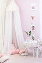 Girlish light pink room with a light canopy