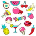 Girlish patch badges with banana, strawberry, watermelon, ice cream, cocktail, pineapple, bubble gum, lips, pizza, cherry. Sticker