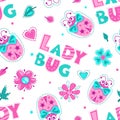 Girlish seamless pattern with cute ladybugs