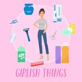 Girlish things banner vector illustration. Hygiene personal care toiletries set of hygienic bath products and bathroom Royalty Free Stock Photo