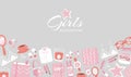 Girls accessories and cloths background with makeup, bags star, cosmetic, footwear and purses cartoon vector Royalty Free Stock Photo