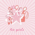 Girls accessories fashion background with makeup, bags star, cosmetic, footwear and purses cartoon vector illustration. Royalty Free Stock Photo