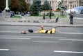 Girls in animated character costumes in city center at work during week-end, Kiev, Ukraine. Students work part-time concept