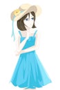 Girls anime girl summer using blue dress and yellow hat Royalty Free Stock Photo