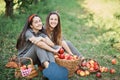 Girls with Apple in the Apple Orchard. Beautiful sisters with Organic Apple in the Orchard. Harvest Concept. Garden, teenagers Royalty Free Stock Photo