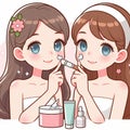 Girls applying skin face cream cosmetics concept