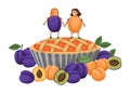 Girls in apricot and plum costumes and a big fruit pie. Childrens cute illustration, food concept, fresh baked goods