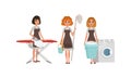 Girls in Apron Doing Housework, Young Women Ironing, Washing and Doing Laundry, Cleaning Company Service Cartoon Style