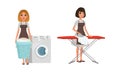 Girls in Apron Doing Housework, Young Women in Uniform Ironing and Doing Laundry, Cleaning Company Service Cartoon Style