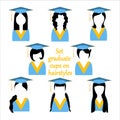Girls avatars with black hair silhouettes and graduation ceremonial clothing set. Vector academic clothes student caps