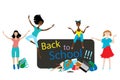 Girls on the background of blackboard, globe, books, laptop. Back to school. Knowledge day. Start of the school year