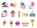 Girls badges. Feminist tags women powerful trendy sticker 80s style girl body positive logotype vector