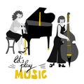 Girls band cartoon illustration with lettering in flat style. Two girls musicians perform. Royalty Free Stock Photo