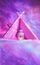 Girls birthday party sleepover with enchanted indoor tent lanterns and light projector decorations