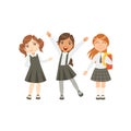 Girls In Black And White Outfits Happy Schoolkids In Similar Collection School Uniforms Standing And Smiling Cartoon Royalty Free Stock Photo