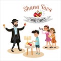 Girls blowing Shofar horn, text means Jewish New Year, man in holding apple and glass with wine on Rosh Hashanah