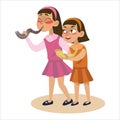 Girls blowing Shofar horn for the Jewish New Year, Rosh Hashanah holiday, judaism religion vector illustration cartoon