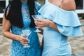 Girls in blue dresses with glasses of alcohol in their hands at the party Royalty Free Stock Photo