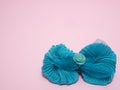 Girls blue hair tie bow on pink background Royalty Free Stock Photo