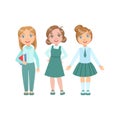 Girls In Blue Outfits Happy Schoolkids In Similar Collection School Uniforms Standing And Smiling Cartoon Character