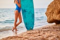 Girls body and surfboard on coastline. Summer trip and surfing hobby idea. Adventure and beach time concept. Copy space Royalty Free Stock Photo